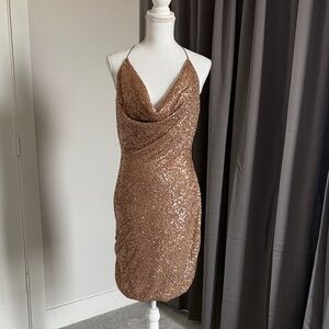 Parker Black Sequin Halter Dress - Bronze